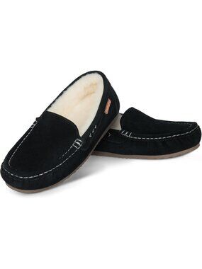 Women's Black Suede Moccasin Slippers Lined Warm Cozy House Winter Shoes